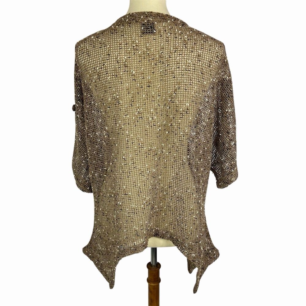 Katie Todd Lagenlook Brown Mesh Button Short Sleeve Open Knit Cardigan Large - Picture 3 of 10